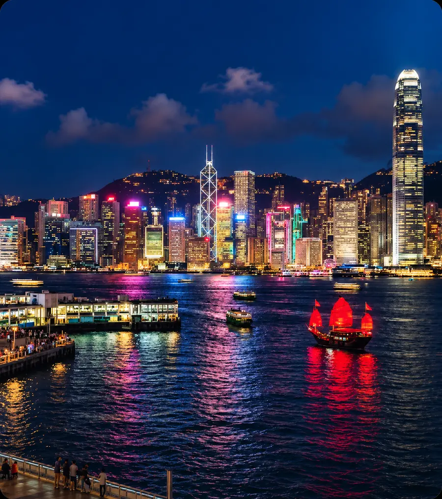 Harbor skyline illuminated at night