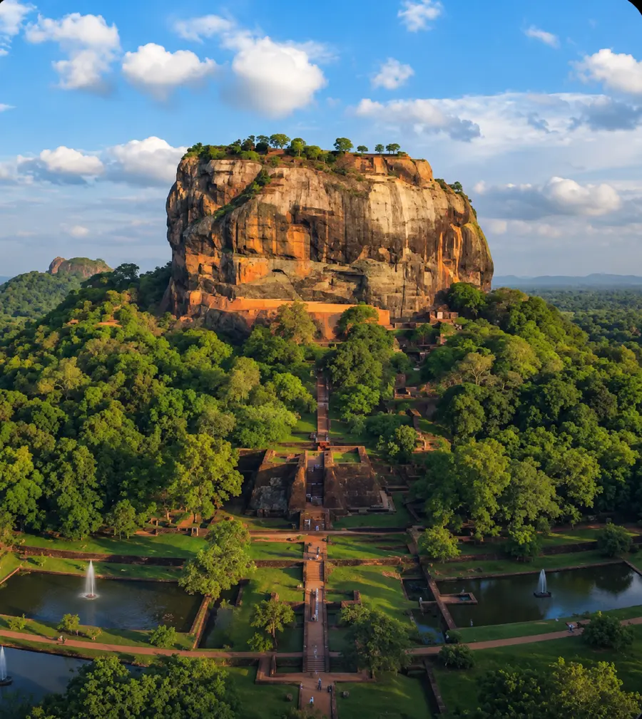 Sigiriya rock rising above tropical gardens in Sri Lanka
